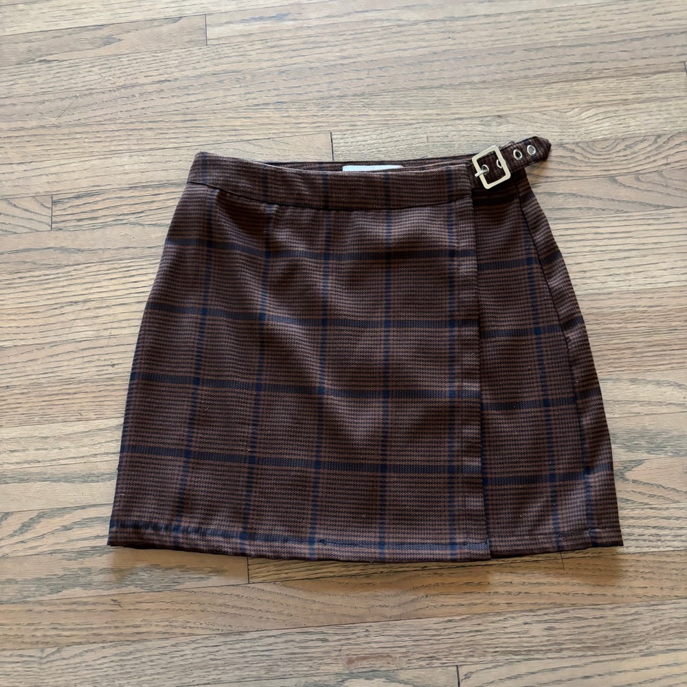 RSQ Womens Brown Plaid Faux Wrap Mini Skirt Buckleβ Accent Size XS